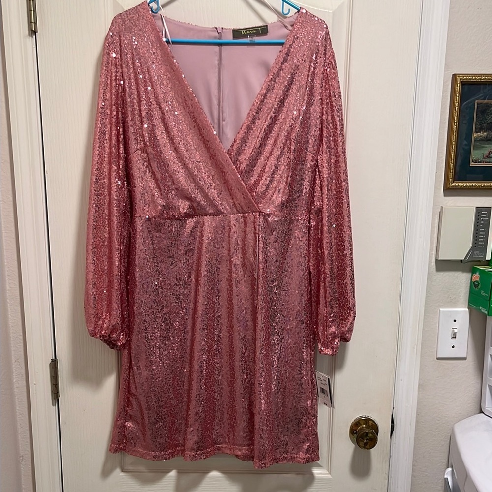 Pink Sequin Wrap Dress with Bishop Sleeves